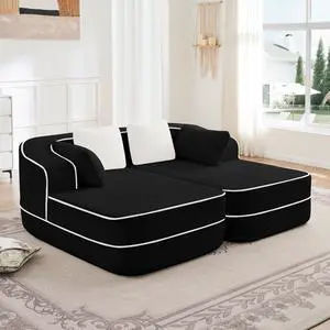 77.2" Teddy Fabric No Assembly  32D High Density sponge Boneless Sofa,Fluffy Comfy Couch with double Chaises,Sleeper sofa,Contrast color design,Symmetrical aesthetics,for Living Room,Black