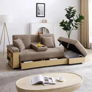 Convertible Sleeper Sofa Couch,Multifunctional Double Folding Sofa Bed,Storage Ottoman and Sofa arm with  box and drawer, Drop Down Table with 2Cup Holders for Living room,Apartment,Office,Light Brown