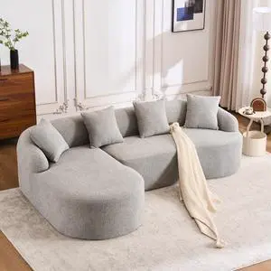 Boneless L-Shape Sectional Sofa with Curved Chaise,Grey Modular Chenille Compression Couch,30D High-Density Foam,Minimalist Modular Couches Sleeper for Living Room Bedroom Apartment Lounge.