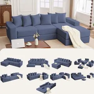 [NEW ARRIVED] [VIDEO PROVIDED]10-in-1 Convertible Sofa Sectional ,Corner Couch , Convertible Floor Sleeper Sofa,Corduroy,Side Pocket,No Assembly,DIY,L Shaped Modular Sofa,6 Pillows,Blue