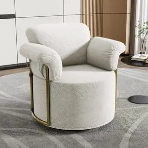 360 Degree Barrel Swivel Accent Sofa Chair,Fluffy Fabric Lounge Wide Upholstered Reading Chair with Gold Metal Legs, Comfortable Round Armchair for Living Room,Bedroom,Office(Beige)