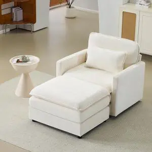 54" Plush Cloud Sofa: Modular Single + Ottoman Sofa with 22" Beige Chenille Cushions + 1 Throw Pillows - Compact Size for Apartment, Living Room, Bedroom (Beige)