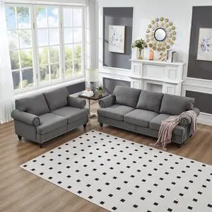 Modern Classic Design with Nails Living Room 2+3 seater Sofa Fabric Couch,Upholstered Polyester Grey.