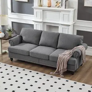 83" Modern Classic Design with Nails Living Room Three Seater Sofa Fabric Couch,Upholstered Polyester Grey.
