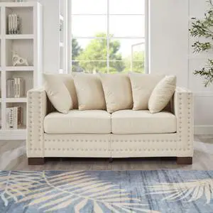 Modern Design Living Room Sofa Square armrest with Silver Nails Decoration Upholstered Velvet Loveseat Apricot