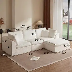 110" Cloud Sectional Couches for Living Room, Convertible L-Shape Couch with Ottoman, 3 Seater Modular Sectional Sofa, Warm White