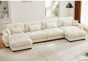 U Shaped Sectional Sofa Cloud Couch with Movable Ottomans,Convertible Deep 4 Seater Modern Velvet Comfy Upholstered Corner Couch with Blostered Armrests, Waist Pillow and Throw Pillows,Cream