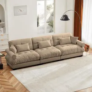 Extra Large  3 Seat Modern Velvet Sofa, Oversize Sofa, Clould Like Comfortable Seat and Back Support, With Waist Pillows and Throw Pillows, Camel