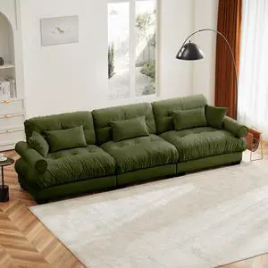 Extra Large  3 Seat Modern Velvet Sofa, Oversize Sofa, Clould Like Comfortable Seat and Back Support, With Waist Pillows and Throw Pillows, Olive green
