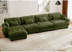 L Shaped Sectional Cloud Sofa , Convertible Deep 4 Seater Modular Couch for Living Room,Modern Velvet Comfy Upholstered Corner Couch  Waist Pillows, Throw Pillows and Blostered Armrests,Olive green