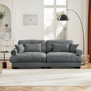 Large Size Modern Two-seater Sofa with Bolstered Armrests,Velvet 2-Seater Sofa With Waist Pillows and Throw Pillows , Suitable for Living Room , Loft, Working Spaces , Hallway and Bedroom,Grey