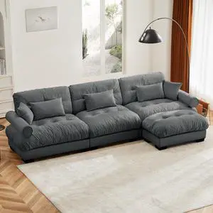 Super Comfort Oversized Modular Velvet Sectional Sofa Couch with Movable Ottoman,Corner Sectional with Bolstered Armrests, Deep Seat Cloud Couch, Convertible L Shaped Couch for Living Room Grey