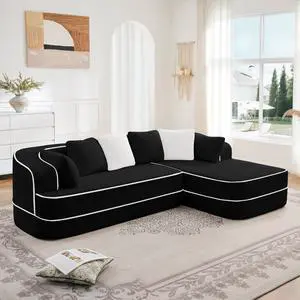 106" Teddy Fabric No Assembly 32D Boneless Sofa,Contrast color design,Fluffy Comfy Couch with L-Shaped Chaise,for Living Room,Black