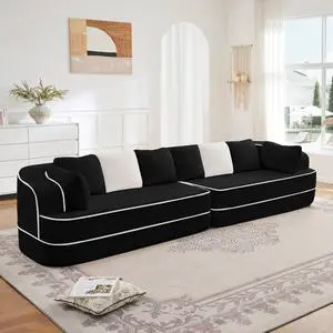 135" 4-Seat Teddy Fabric No Assembly 32D High Density sponge Boneless Sofa Fluffy Comfy Couch,Oversize sofa,Contrast color design,Symmetrical aesthetics,for Living Room,Black