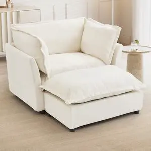 Modern Armchair Sofa 47" Cozy Upholstered Sofa Chair with Movable Ottoman, Wide Seat, Curved Armrests and Soft Pillows for Living Room, Bedroom,Beige