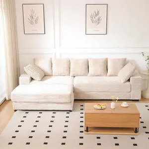 108.6" Sectional Sofa, Thickened Corduroy Sectional Couches For Living Room,comfortable L-shaped Chaise Sectional Sofa With Storage Ottoman,Eight Throw Pillows,Beige