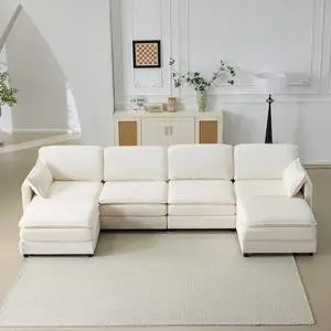 136" Plush Cloud 3-seater Sofa: Modular 4-seater Sofa + 2 Footstools with 22" Beige Chenille Cushions + 2 Throw Pillows - Compact Size for Apartment, Living Room, Bedroom (Beige)