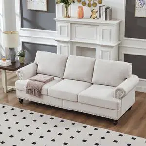 83" Modern Classic Design with Nails Living Room Three Seater Sofa Fabric Couch,Upholstered Polyester Beige.