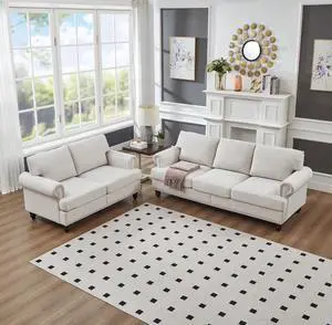 Modern Classic Design with Nails Living Room 2+3 seater Sofa Fabric Couch,Upholstered Polyester Beige.