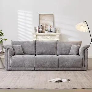98.5" 3-seater sofa with unique design and soft arm pillows Contemporary style linen sofa with 3 comfortable cushions with 2 pillows Suitable for living room bedroom and office,grey