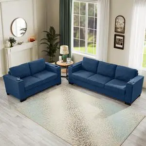 Two Pieces 2+3 Seater Sofa Modern Style Living Room Sofa Fabric Couch,Square Arm Sofa with Cup Holder,Storage Sofa,Upholstered Polyester Blue