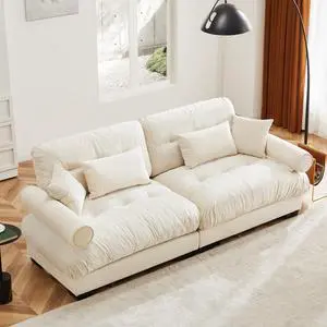 Large Size Modern Two-seater Sofa with Bolstered Armrests,Velvet 2-Seater Sofa With Waist Pillows and Throw Pillows , Suitable for Living Room , Loft, Working Spaces , Hallway and Bedroom,Cream