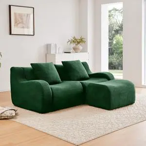 L-Shaped Teddy Fabric 2-Seat Boneless Sofa,No Assembly Required Curved Armrest,Streamlined Design Ergonomic Design,32D High Density Sponge For Living Rooms Rest Areas Bedroom,Green
