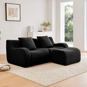 L-Shaped Teddy Fabric 2-Seat Boneless Sofa,No Assembly Required Curved Armrest,Streamlined Design Ergonomic Design,32D High Density Sponge For Living Rooms Rest Areas Bedroom,Black