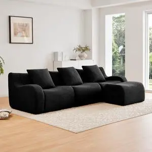 Boneless Sofa,3 Seat High-Quality Teddy Fabric,Anti-Slip Design,No Assembly Curved Armrests Streamlined Design,Assembly Chaise 32D High Density Sponge For Living Rooms Bedrooms,Black