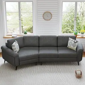 111" Upholstered 3-seater Sofa Curved Sofa Couch with Two Printed Pillows for Living Room, Dark Gray