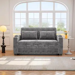 61.6" Pull Out Sofa Bed Modern Chenille Convertible Loveseat Sofa with Adjsutable Backrest, 2 Pillows, Cup Holders, USB Ports for Living Room, Apartment (Old SKU:WF307725AAE), Gray
