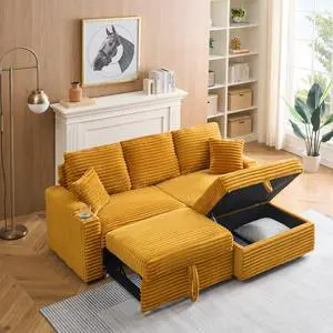 80" Corduroy Multi-Function Sofa with Hidden Reclining, Space Saving Design, Armrests, Cup Holders and Removable Footstool, Orange