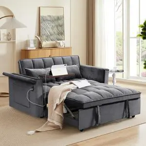 55.5 "3-in-1 foldable sofa bed, modern velvet double sofa, sofa bed with adjustable back, storage bag and pillow, hidden living room laptop desk with USB port, suitable for living room, bedr(dark grey