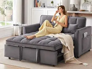 55.1-inch 3-in-1 convertible sofa bed, modern velvet double sofa Futon sofa bed with adjustable back, storage bag and pillow, for living room, bedroom (dark grey)