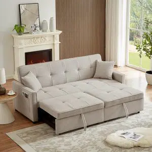 3 in 1 Convertible Sleeper Sofa Bed, Modern Fabric Loveseat Futon Sofa Couch Pullout Bed, Small Love Seat Lounge Sofa Reclining Backrest, Pillows, Pockets, Home furniture for Living Room, Beige