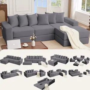 [NEW ARRIVED] [VIDEO PROVIDED]10-in-1 Convertible Sofa Sectional ,Corner Couch , Convertible Floor Sleeper Sofa,Corduroy,Side Pocket,No Assembly,DIY,L Shaped Modular Sofa,6 Pillows,Dark Gray