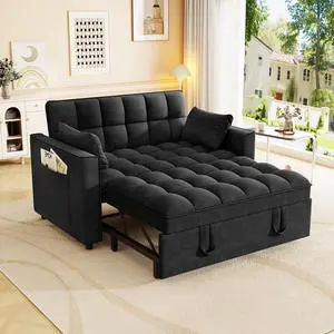 Sleeper Sofa Couch w/Pull Out Bed, Modern Velvet Convertible Sleeper Sofa Bed, Small Love seat Sofa Bed w/Pillows & Side Pockets for Small Space, Living Room, Apartment,Black