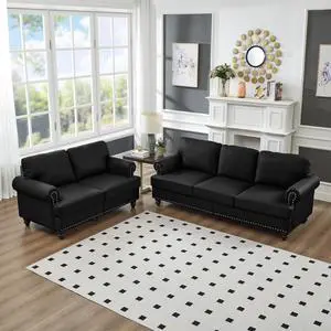 Modern Classic Design with Nails Living Room 2+3 seater Loveseat & Sofa Leather Couch,Upholstered Imitation Cowhide Leather Black