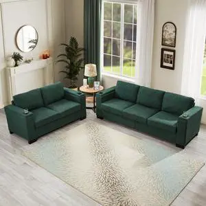 Two Pieces 2+3 Seater Sofa Modern Style Living Room Sofa Fabric Couch,Square Arm Sofa with Cup Holder,Storage Sofa,Upholstered Polyester Green