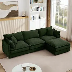 Modular Sectional Sofa, 102 Inch L Shaped Couch Set for Living Room, 3-Seater Comfy Cloud Couches with Movable Ottoman, DIY Combination, Chenille, Green