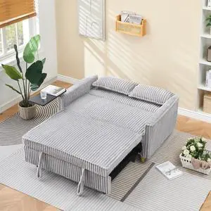 The pull-out and push-in gray corduroy sofa with dual functions, equipped with a movable tabletop and USB ports, is suitable for use in living rooms and bedrooms.