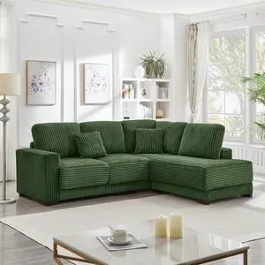 93" Sectional Sofa, L Shaped Sofa Couch with Reversible Chaise Lounge, Upholstered Soft Corduroy Couch for Living Room, Apartment (Green)