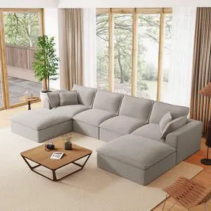 142*82" Fully Compressed Modular Sectional Sofa, U Shape with Ottomans, Luxury Corduroy with Extra Width&Depth Cloud Like Soft Cushion, No Assembly Required, for Living Room&Apartment,2 Colors