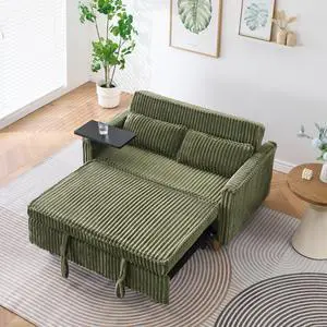 The pull-out and push-in green corduroy sofa with dual functions, equipped with a movable tabletop and USB ports, is suitable for use in living rooms and bedrooms.