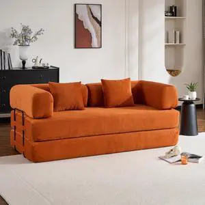 Convertible Sleeper Sofa Bed with Cylindrical Pillow, Corduroy Folding Mattress Couch with Fixed-Shape Frame, Floor Sofa Lounge Couch for Living Room Bedroom (Orange)