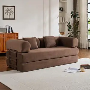 Convertible Sleeper Sofa Bed with Cylindrical Pillow, Corduroy Folding Mattress Couch with Fixed-Shape Frame, Floor Sofa Lounge Couch for Living Room Bedroom (Brown)