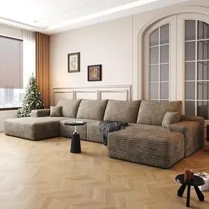 135" Cloud Sectional Sofa with 1 Ottoman,Modern Minimalist Upholstered Couches, Comfort U Shaped Sofa for Living Room,Deep Seat Corner Couch,No Assembly Required,Camel(Plush Corduroy Fabric)