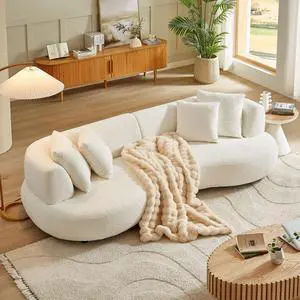 102.36 inch Mid Century Modern Sectional Curved Sofa Couch, Comfy Sofa for Living Room,Upholstered 4-Seat Sofa Boucle Fabric Cream Style Couch for Apartment,White