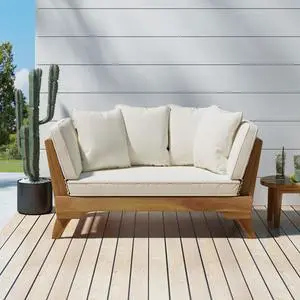 Expandable Daybed with Cushions,Outdoor Couch Acacia Wood Patio Couch with Adjustable Armrests,Outdoor Convertible Sofa with Removable Cushions&Pillows for Patio, Porch, Poolside
