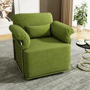 360 Degree Square Swivel Accent Sofa Chair,Fluffy Fabric Lounge Wide Upholstered Reading Chair with Gold Metal Legs, Comfortable Armchair for Living Room,Bedroom,Office(Green)